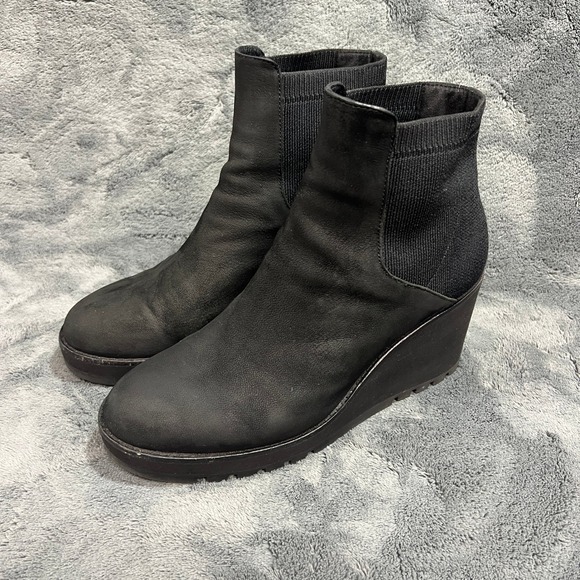 Eileen Fisher Shoes - Eileen Fisher Black Leather Wedge Ankle Boots Stretch Knit Lug Sole 8.5